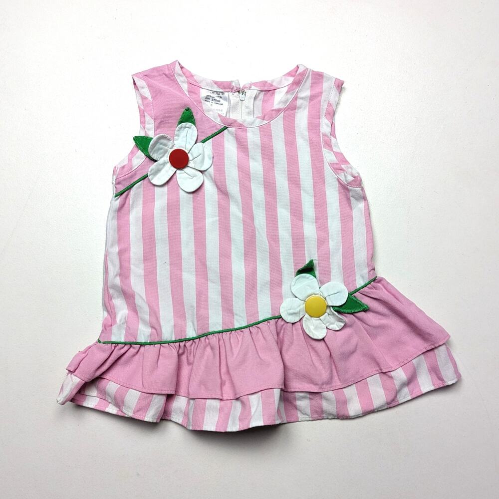 Vintage Top Girls Size 2T Pink Stripe Flower Applique Twirly Peplum